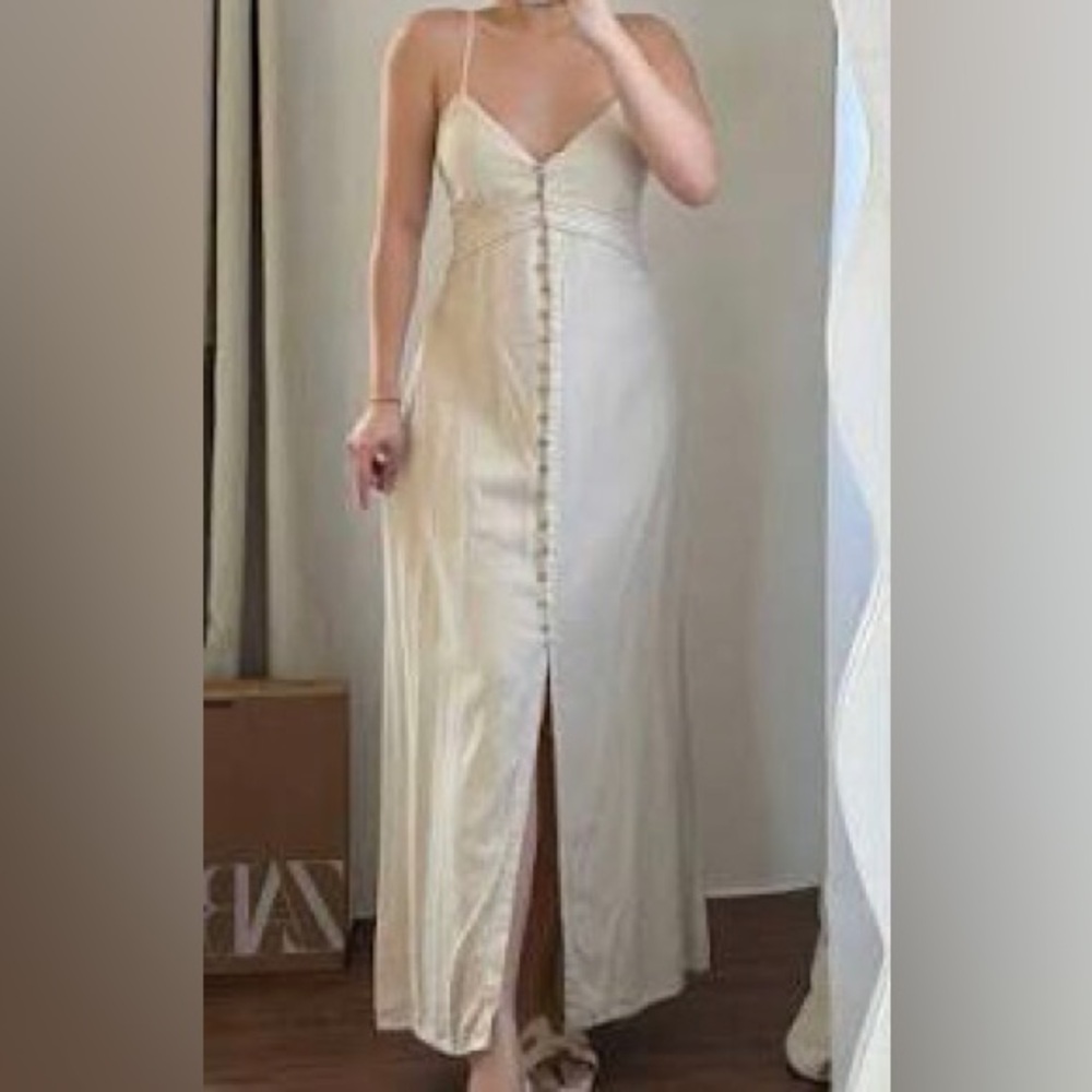Zara Linen Blend Pintuck Button Front Maxi Dress Size L Raw Linen Oatmeal - Picture 13 of 15